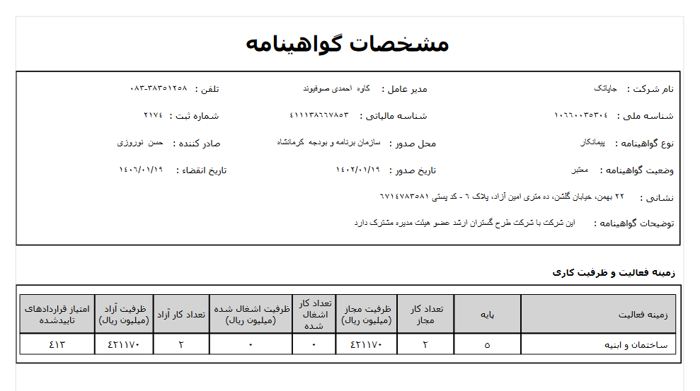 گواهینامه صلاحیت پیمانکاران شرکت جاپاتک